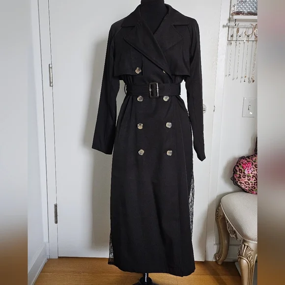 Resexxy Gyaru Black Trench Coat Pleated Lace Panel Sides Tortoise Shell Buttons - Picture 4 of 14